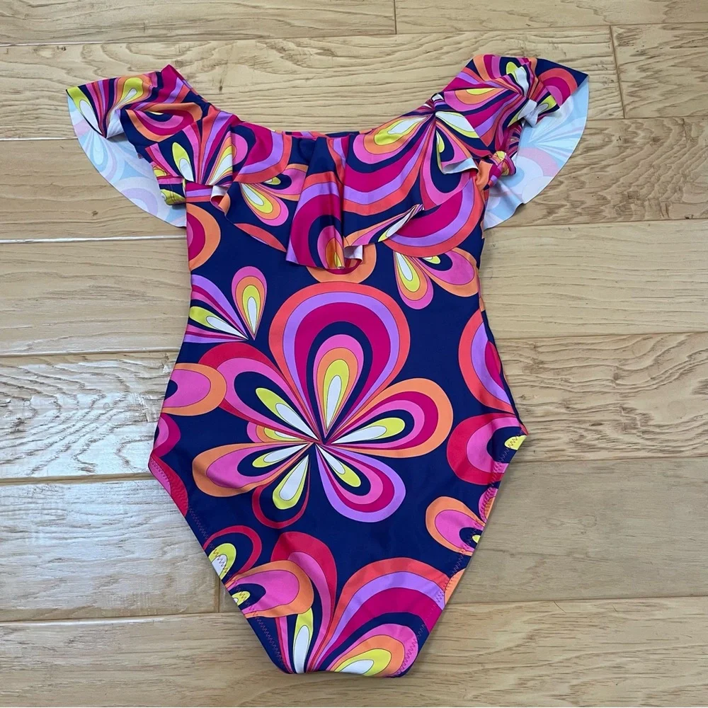 Trina Turk Off the Shoulder Ruffle One Piece Swimsuit Pink Purple Swirl Small